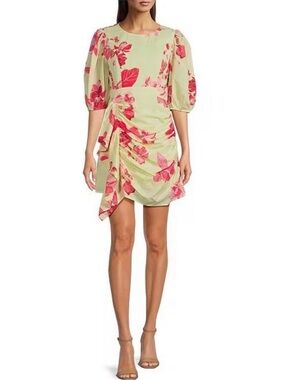 J.Marie Alara Floral Print 3/4 Puff Sleeve Ruched Faux Wrap Dress XS NWT